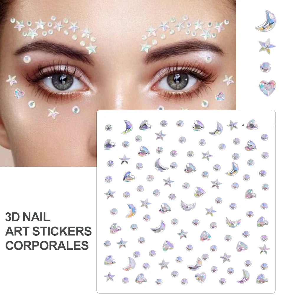 3D Face Eyes Party Makeup Tattoo Sticker Acrylic Diamond Rhinestones Sticker Self-adhesive Mixed Crystal Face Decoration Sticker