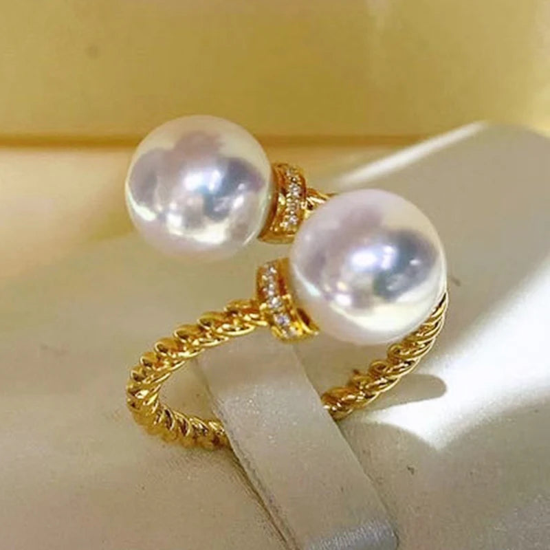 Temperament Double Imitation Pearl Open Ring Twist Gold Color Band New Fashion Women's Accessories Wedding Jewelry 2023