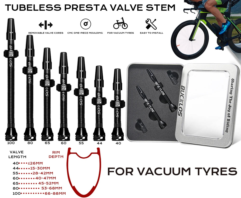 BUCKLOS Bike Tubeless Valve 40MM 44MM 55MM 60MM Road Mountain Bicycle Presta Valves High Quality Tire Nipple MTB Accessories