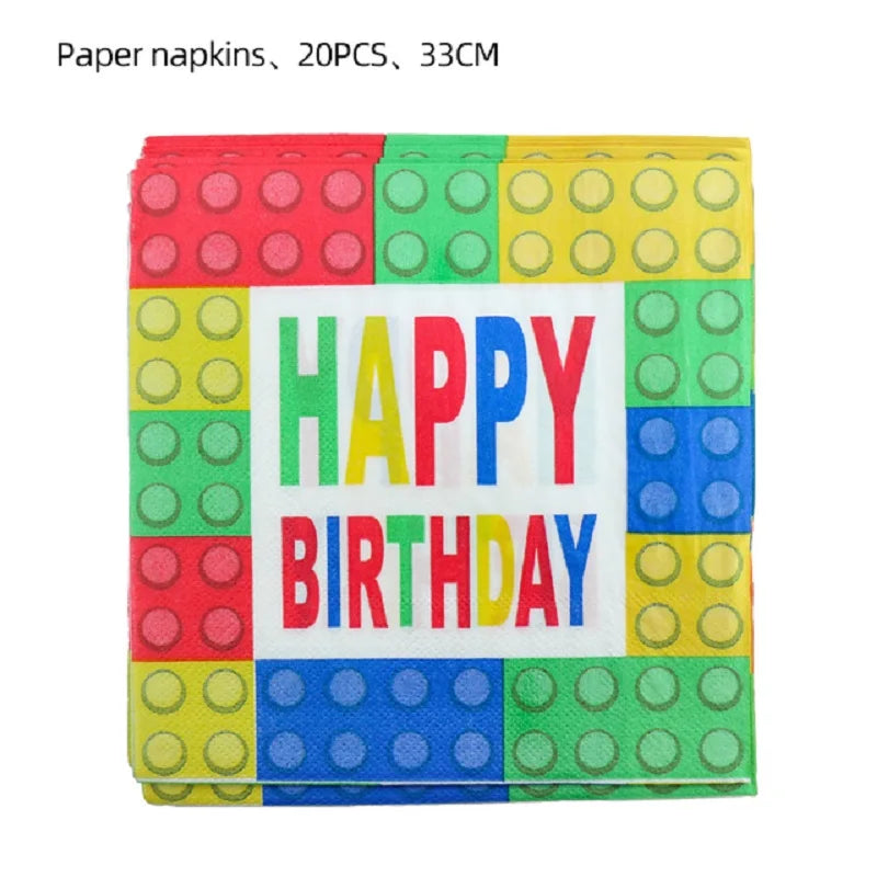 Building Blocks Theme Party Decor Supplies Disposable Tableware Cup Cake Topper Balloon Backdrop For Birthday Party Decoration