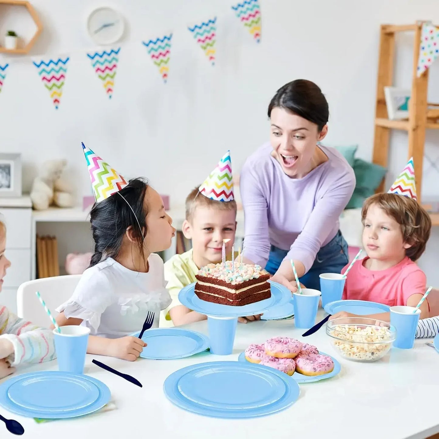 Solid Light Blue Theme Birthday Super Girls Decorations Party Disposable Tableware Paper Napkins Cups Plates Tablecloths Straws