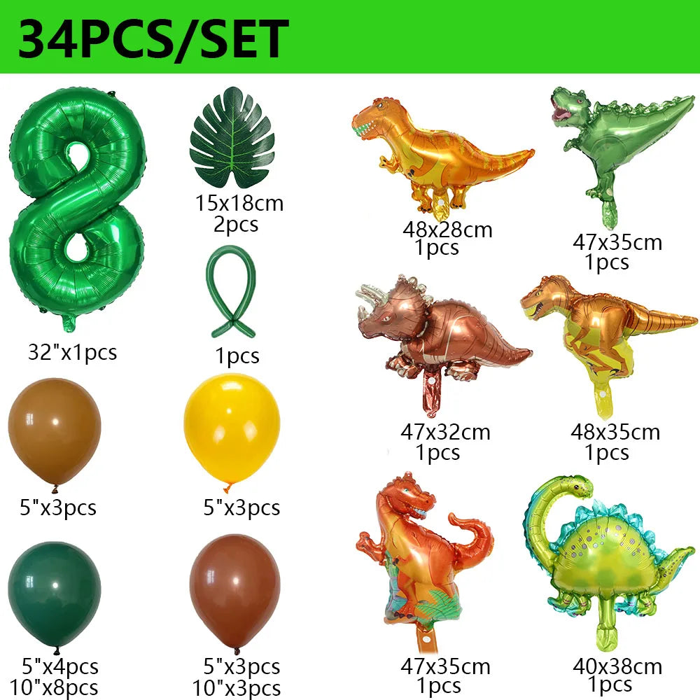 34Pcs 1 2 3 Years Dinosaur Birthday Party Dino Balloons Palm Leaf Set First Bthday Boy Party Kids Baby Shower Jungle Safari Deco