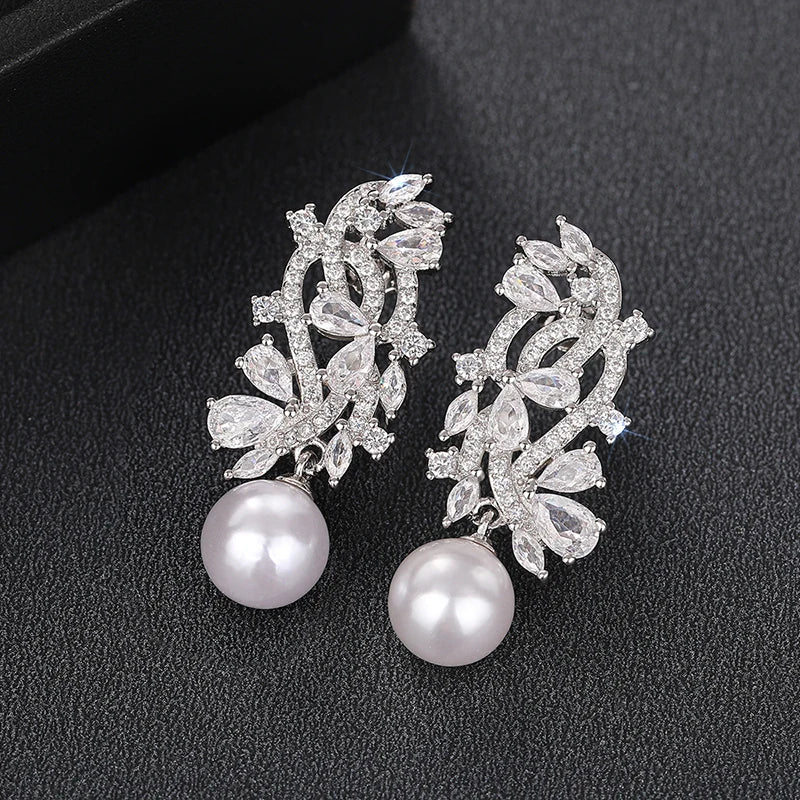 Elegant Lady Wedding Earrings with Simulated Pearl Graceful Accessories for Engagement Brilliant Zirconia Pendant Jewelry