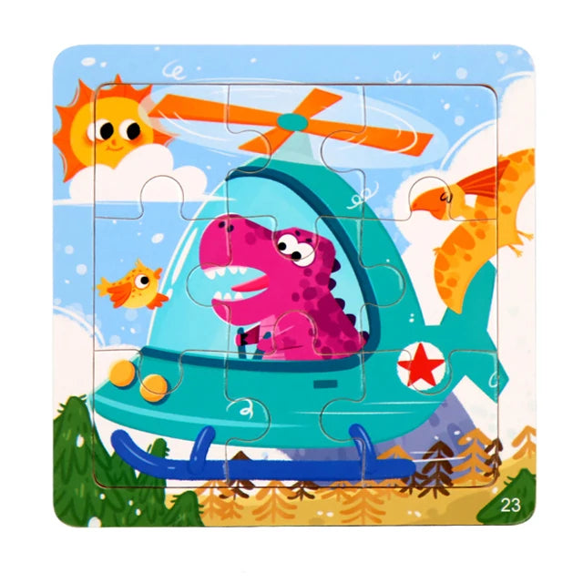 9 Piece Small Wooden Puzzle Cartoon Animal Vehicle 11x11cm Wood 3d Puzzle Montessori Educational Toys For Kids Gifts