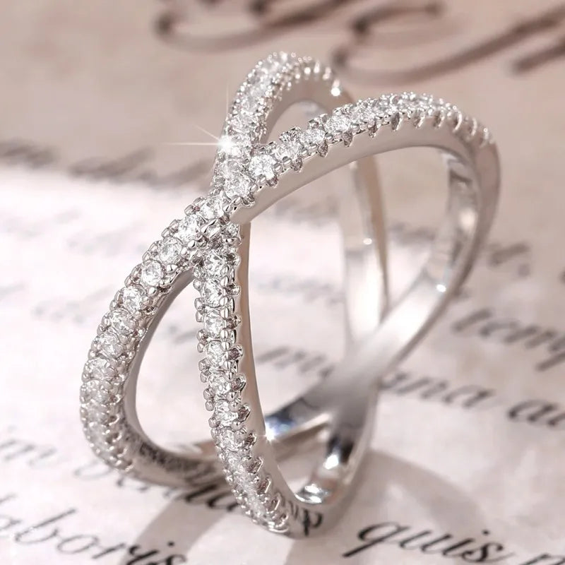 Simple Stylish Cross Shape Cubic Zirconia Rings for Women Fashon Female Finger Accessory Wedding Bands Statement Jewelry