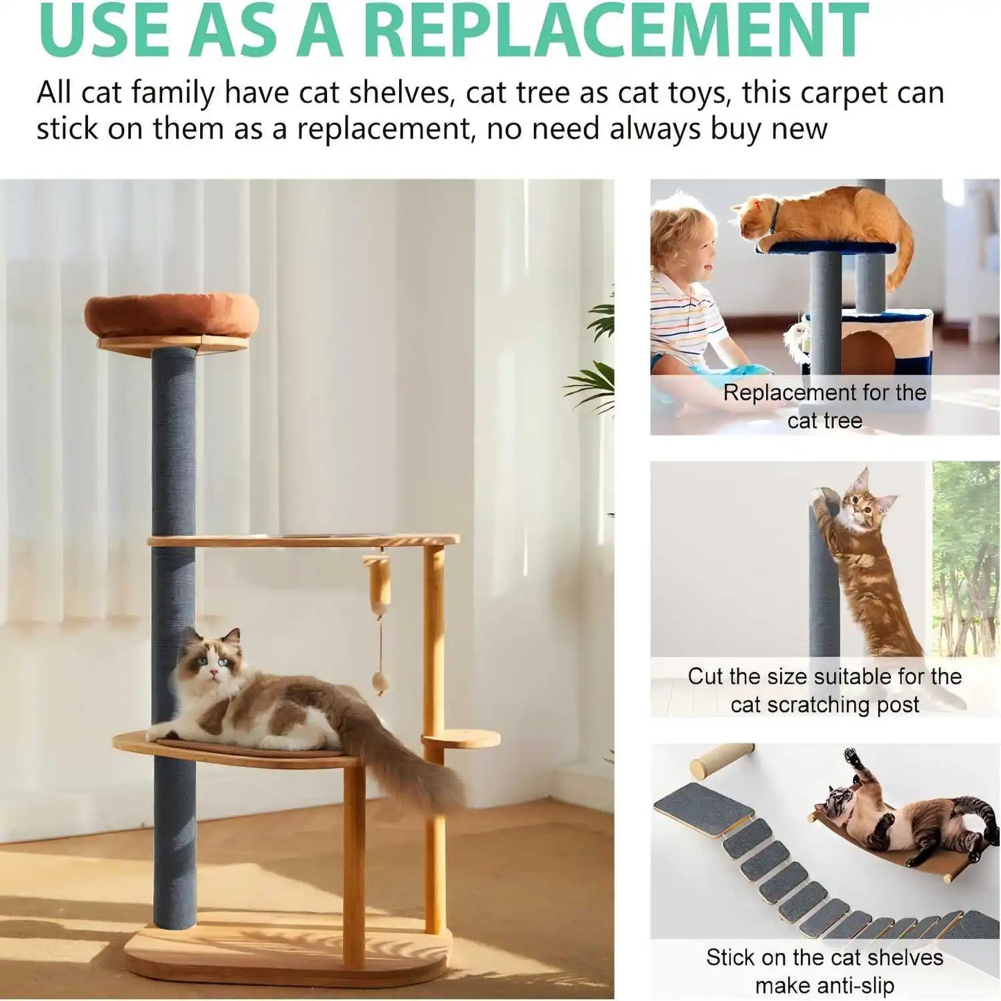 Trimmable Cat Scratcher Mat, Self Adhesive Carpet Mat Pad Replacement for Cat Tree Shelves Post Couch Wall Furniture Steps DIY