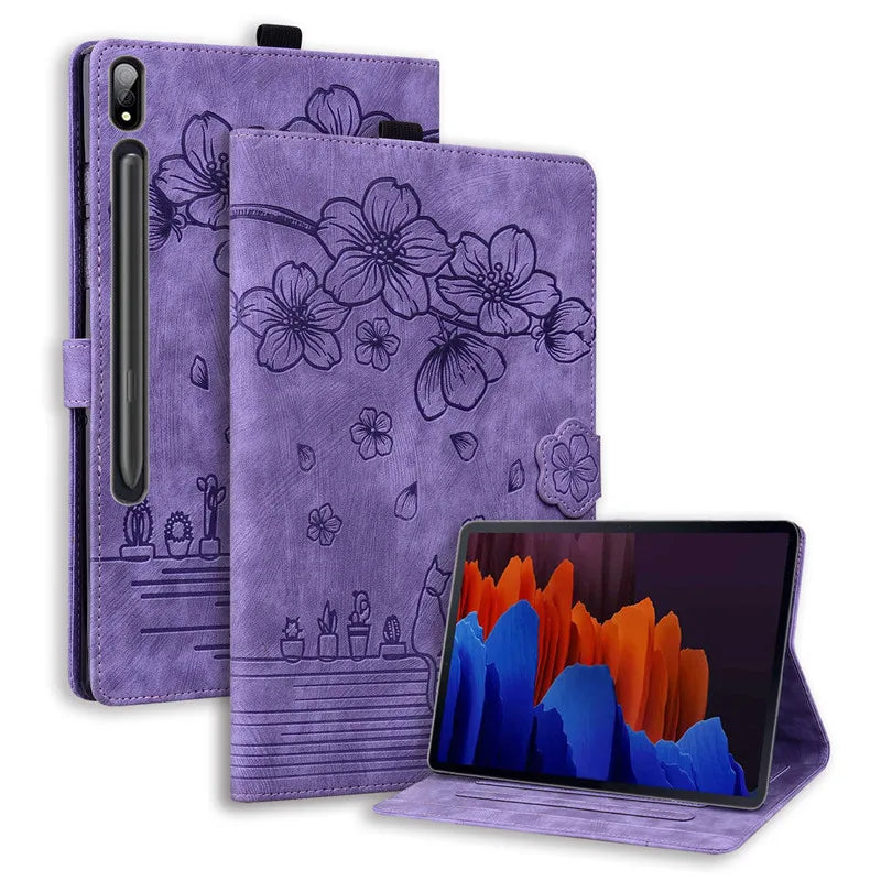 For Samsung Galaxy Tab S7 FE 12.4 Tablet Case Cute Cat Flower Funda For Galaxy Tab S10 Plus S9 FE S7 S8+ A9 Plus 11 12.4 Cover