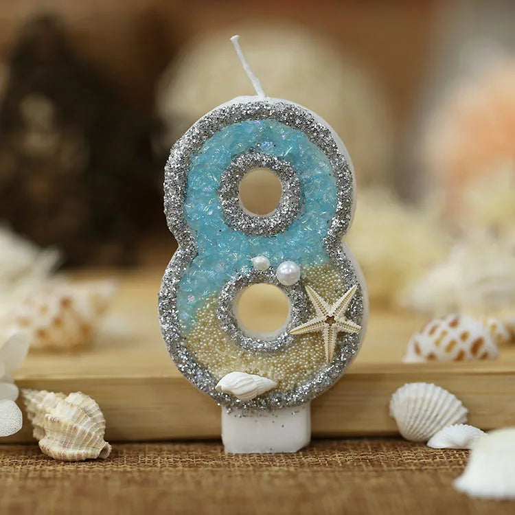 3inch Birthday Candle Large Number 4 Candle Marine style Beach Starfish Seashells Cake Topper for Kids Birthday Party Decoration