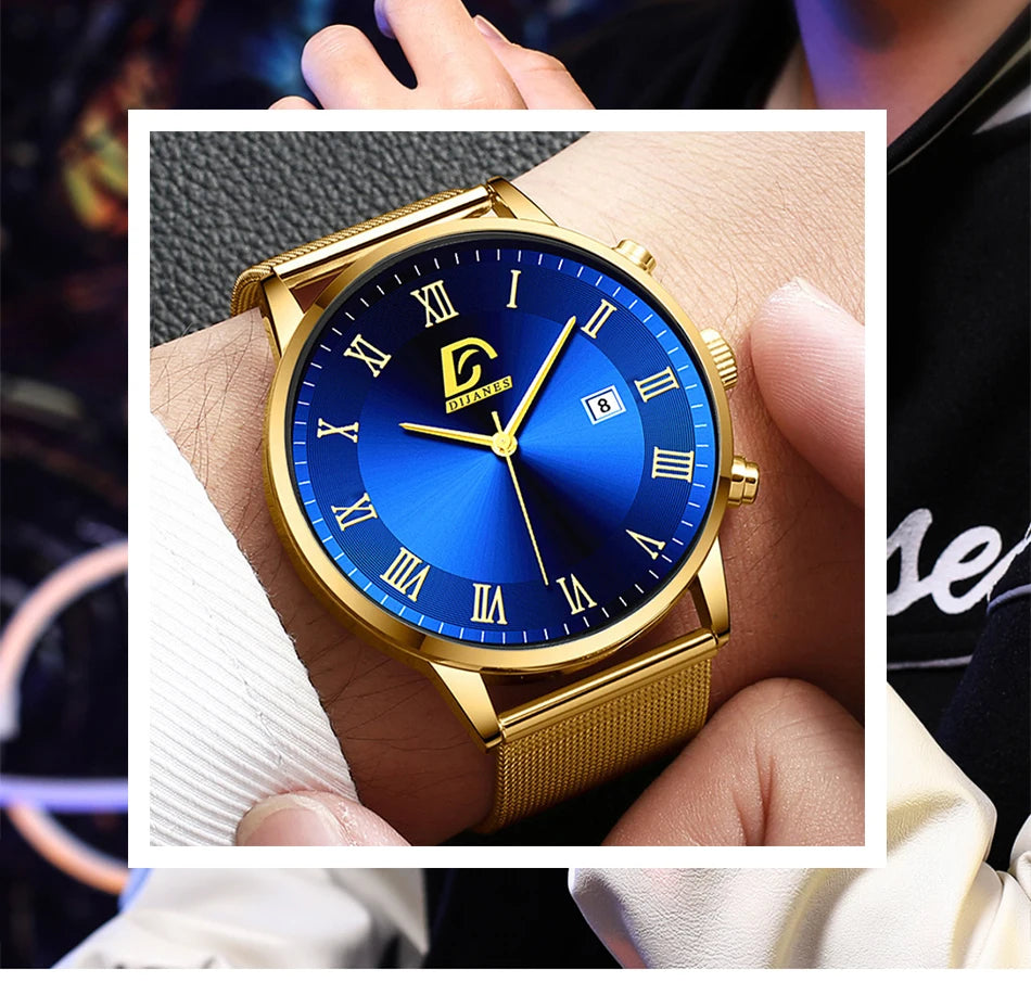 2PCS Set Fashion Mens Calendar Watches Luxury Men Business Gold Stainless Steel Mesh Belt Quartz Watch Male Necklace Wristwatch
