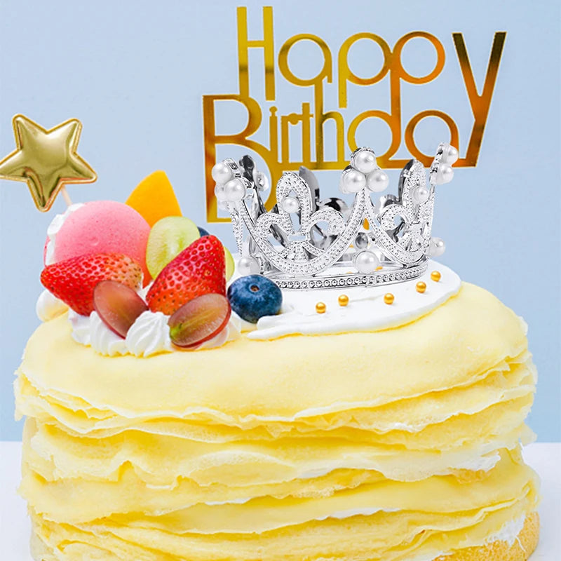 Mini Pearl Crown Cake Decoration Cupcake Topper Kids Hair Ornaments DIY Cake Baking Decoration For Wedding Birthday Party Decor