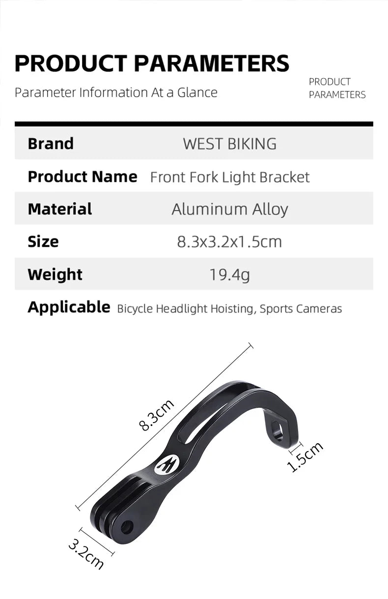 WEST BIKING Front Fork Light Holder Adjustable Aluminum Alloy Bracket For GOPRO Sport Camera Lamp Mount Stand Bike Accessories