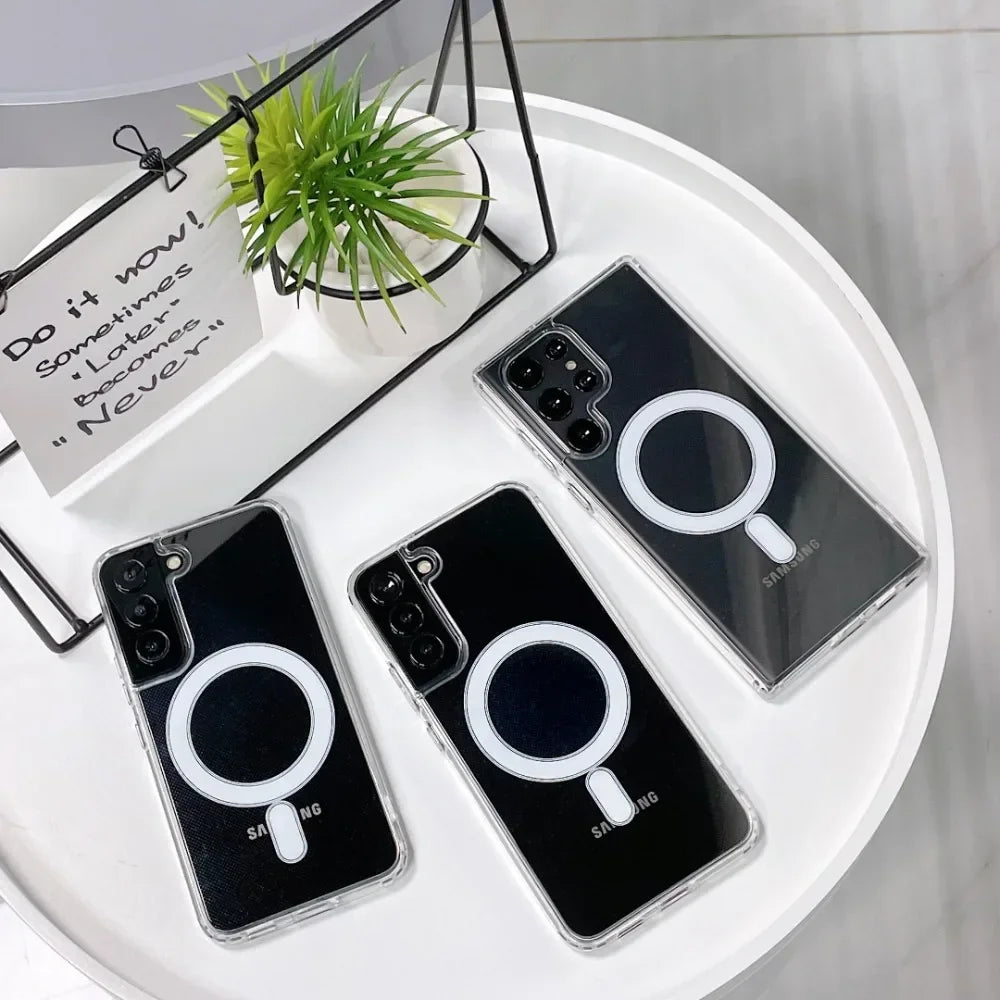 Original Magsafe Magnetic Case for Samsung Galaxy S25 24+ 21 FE S22 Plus S23 Ultra Plus Wireless Charging Shockproof Clear Cover
