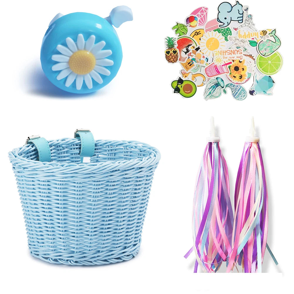 4pcs/Set PE Rattan Wicker Bicycle Front Basket+Bell+Tassel+Stickers Adjustable Handwoven Kid Adult Bike Handlebar Accessories