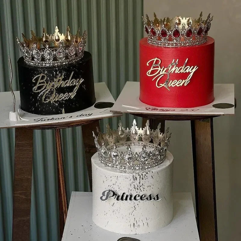 Red Pink Silver Gold Crystal Crown Cake Topper for Gril Birthday Party Cake Decorations