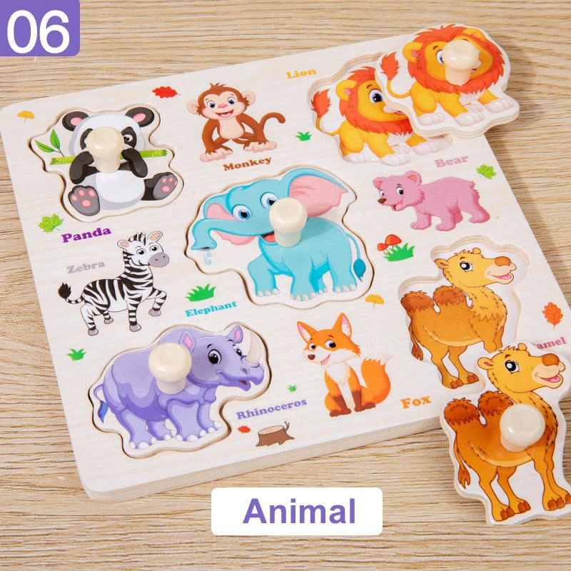 Montessori Wooden Puzzles Cartoon Animal Fruit Hand Grab Board Cognition Jigsaw Puzzle Game Learning Educational Toys For Kids
