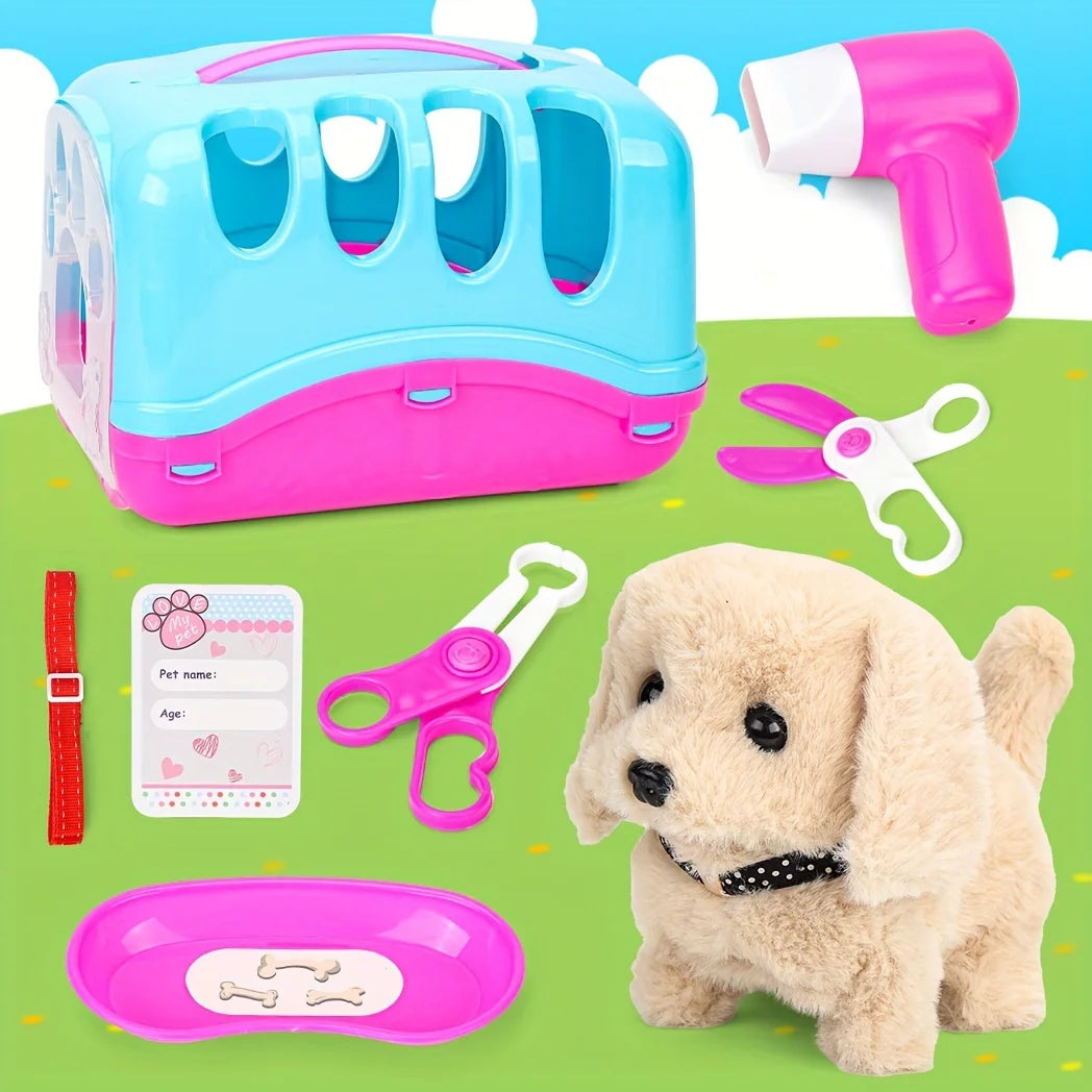 Pet Puppy Care Accessories with Dog House -Simulated Brador Dog Call Plush Toy - Children Interactive Vet Clinic Doctor - Role
