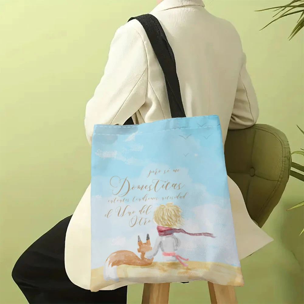 Linen Bag The Little Prince Series Print Lightweight Shoulder Bag Versatile Shopping Bag Holder Handbag