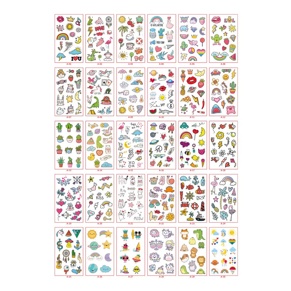 30 Sheets Cute Cartoon Temporary Tattoos for Hands Waterproof Tattoo Stickers for Children Rainbow Fruit Moon Fake Finger Tattoo