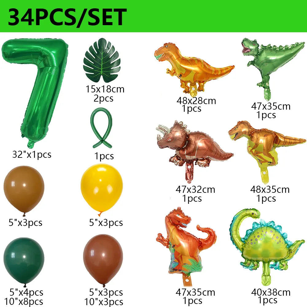 34Pcs 1 2 3 Years Dinosaur Birthday Party Dino Balloons Palm Leaf Set First Bthday Boy Party Kids Baby Shower Jungle Safari Deco