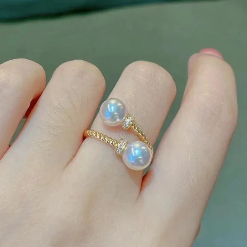 Temperament Double Imitation Pearl Open Ring Twist Gold Color Band New Fashion Women's Accessories Wedding Jewelry 2023
