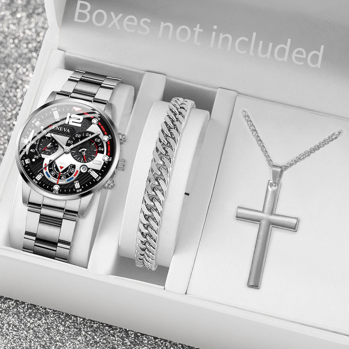 3PCS/Set Fashion Men's Watches Stainless Steel Band Analog Quartz Watch Calendar Watches Jewelry Set(Without Box)