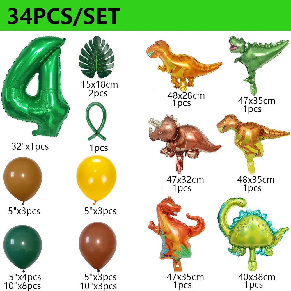 34Pcs 1 2 3 Years Dinosaur Birthday Party Dino Balloons Palm Leaf Set First Bthday Boy Party Kids Baby Shower Jungle Safari Deco