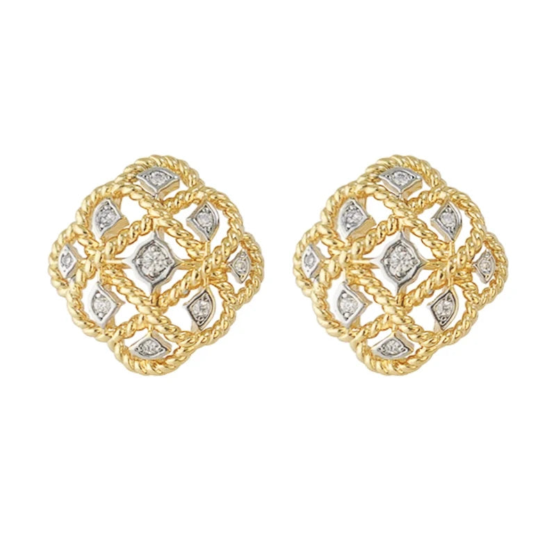 Vintage Hollow Stud Earrings Two Tone Rhombic Shaped Women Earrings Piercing Temperament Lady Accessories New Jewelry