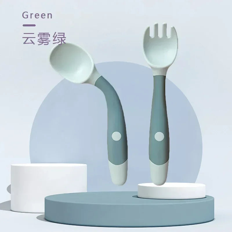 Baby Children Spoon Fork Set Soft Bendable Silicone Scoop Fork Kit Tableware Toddler Training Feeding Cutlery Utensil