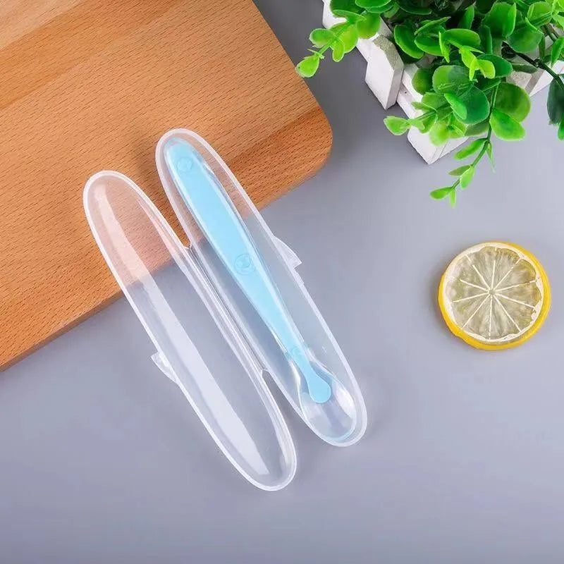 Baby Soft Silicone Spoon Soft Head Soup Spoon Baby Eating Training Spoon and Storage Box Feeding Tableware Set
