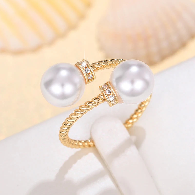 Temperament Double Imitation Pearl Open Ring Twist Gold Color Band New Fashion Women's Accessories Wedding Jewelry 2023