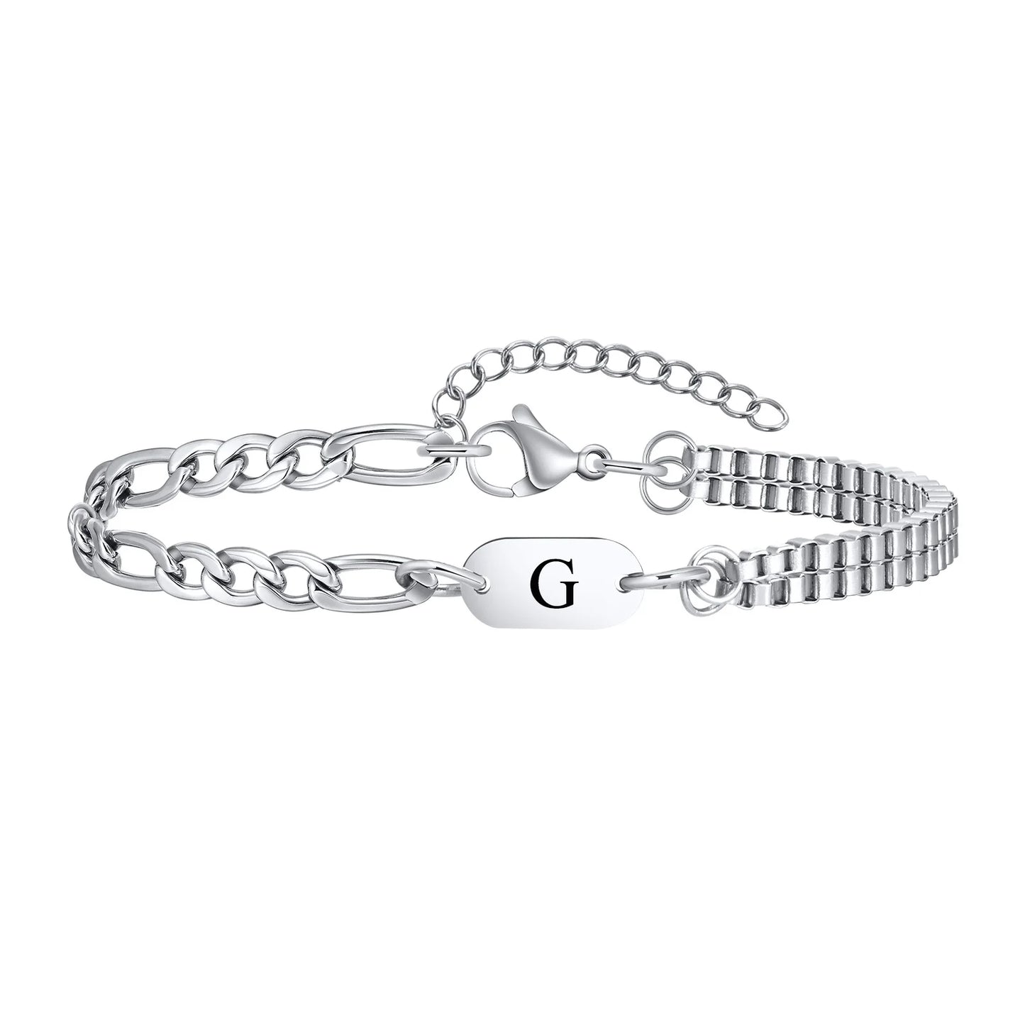 Vnox A-Z Initial Bracelets for Men Women, Never Fade Figaro Chain, Double Layered Box Link Chain Bracelets, Name Gift for Him