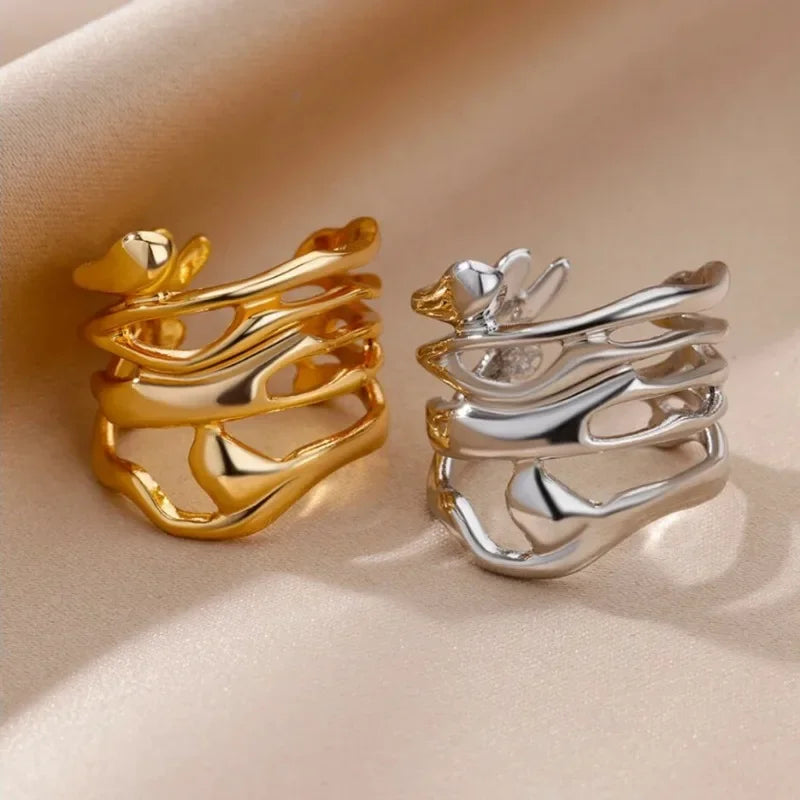 Stainless steel ring gold hollow wide simple fashion suitable for couples party wear jewelry gifts