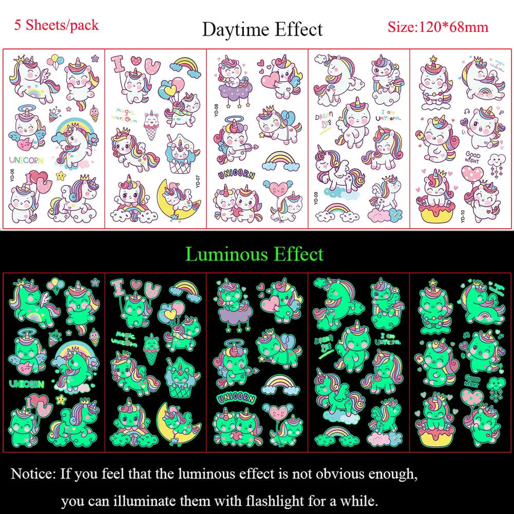 5 Sheets Luminous Tattoo Stickers Temporary Colorful Animal Dinosaur Tattoo Cute Tattoo Stickers Children's Body Tatto