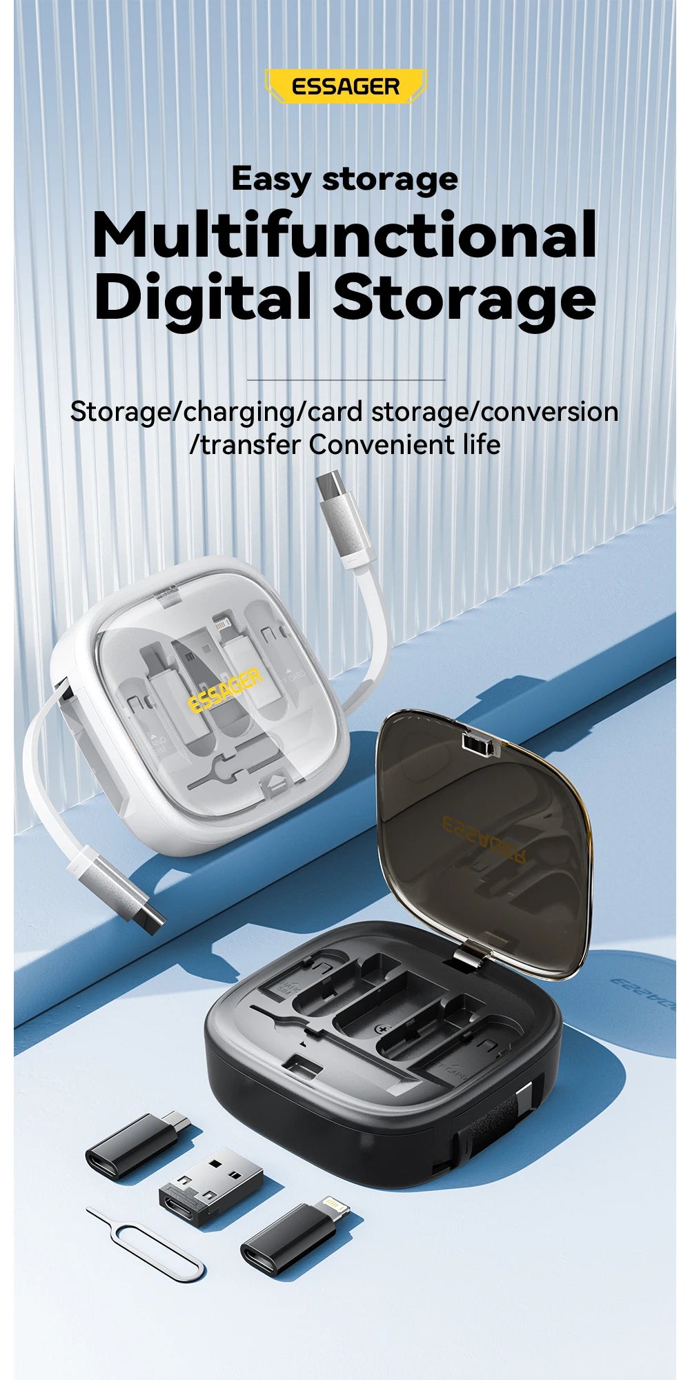 Essager USB C To Tpye C Cable PD 60W for Xiaomi Poco Fast Charging Data Travel Multi Functional Cord With Holder Storage Box