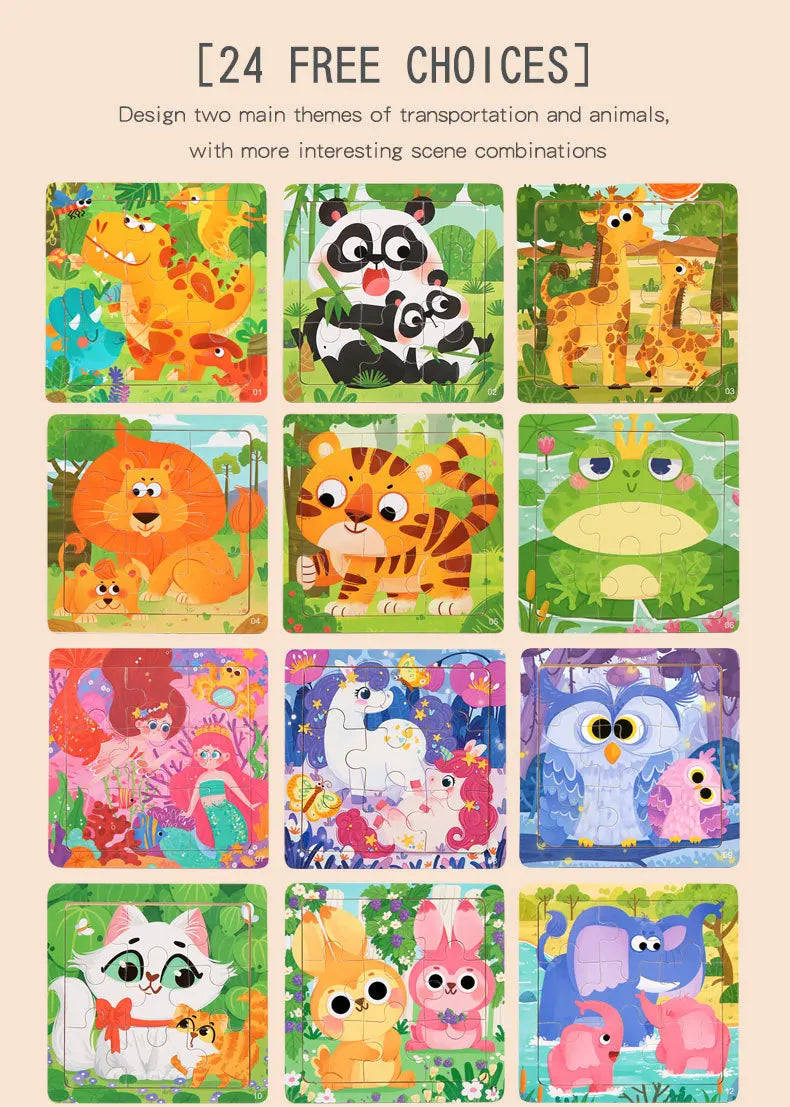 9 Piece Small Wooden Puzzle Cartoon Animal Vehicle 11x11cm Wood 3d Puzzle Montessori Educational Toys For Kids Gifts