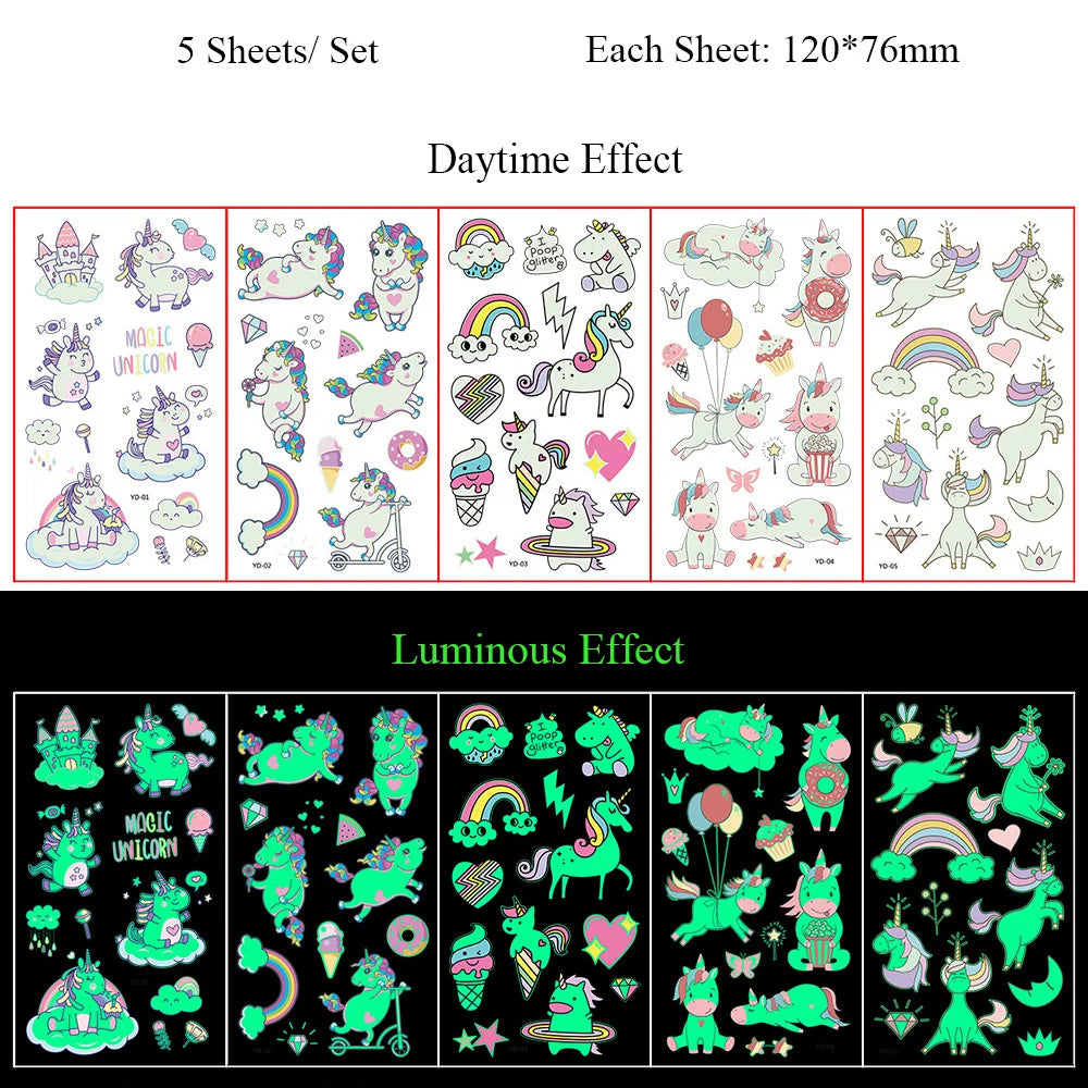 5 Sheets Luminous Tattoo Stickers Temporary Colorful Animal Dinosaur Tattoo Cute Tattoo Stickers Children's Body Tatto