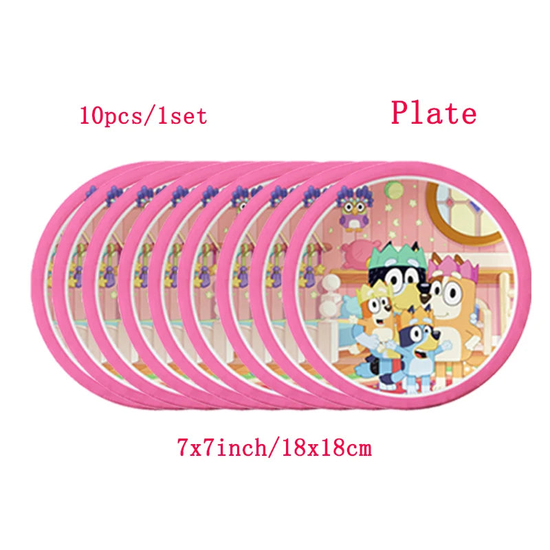 Cartoon Animation Bluey Theme Birthday Party Supplie Disposable Tableware Paper Plate Paper Cup Tissues Baby Shower Decor Supply