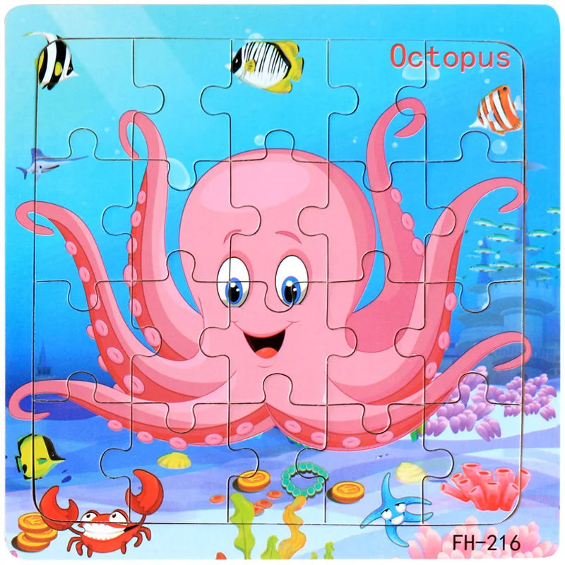 Baby Toys 20Piece Wooden Puzzle Cartoon Animal Vehicle 3D Jigsaw Puzzle Game Montessori Educational Toys For Children Gifts