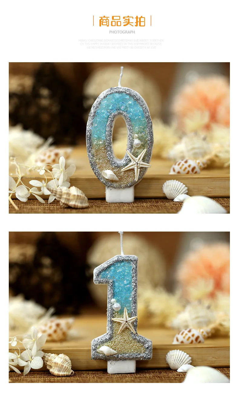 3inch Birthday Candle Large Number 4 Candle Marine style Beach Starfish Seashells Cake Topper for Kids Birthday Party Decoration