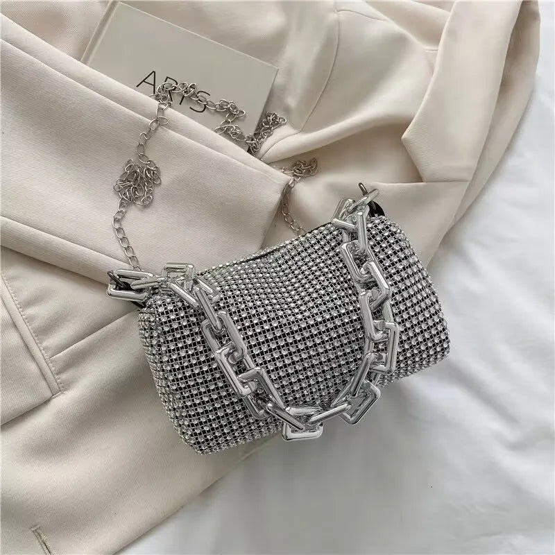 Allover Rhinestone Bucket Bag, Glitter Chain Prom Purse, Women's Mini Crossbody Bag (18cm*13cm*13cm)