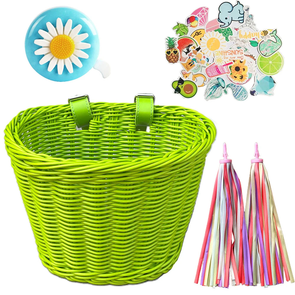 4pcs/Set PE Rattan Wicker Bicycle Front Basket+Bell+Tassel+Stickers Adjustable Handwoven Kid Adult Bike Handlebar Accessories
