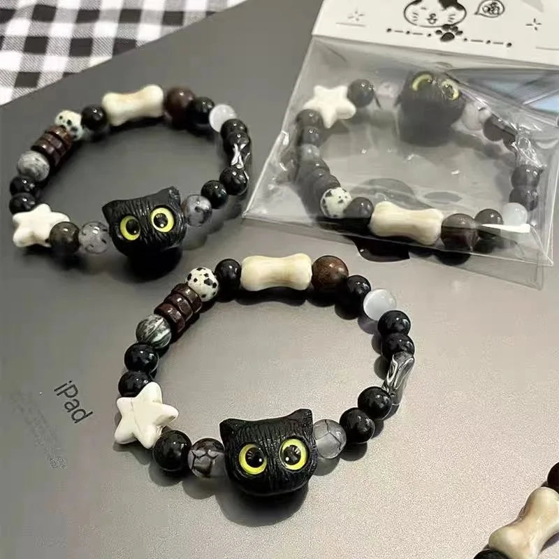 Cute Cat Bracelet For Women Funny Black Cat Bead Adjustable Braided Rope Charm Bracelets For Couple Friends Harajuku Jewelry