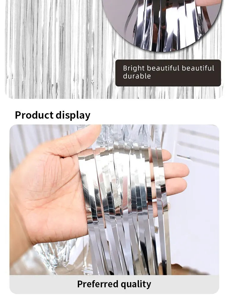 1x2M Silver Rose Gold Rain Tinsel Curtain First Happy Birthday Wedding Decoration Adult Kids Baby Boy Girl 1st One Year Decor