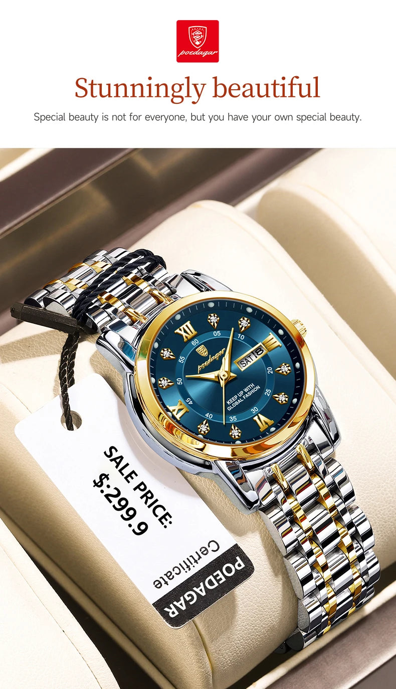 POEDAGAR Luxury Women Wristwatch Waterproof Luminous Date Week Women's Watches Stainless Steel Elegant Dress Quartz Ladies Watch