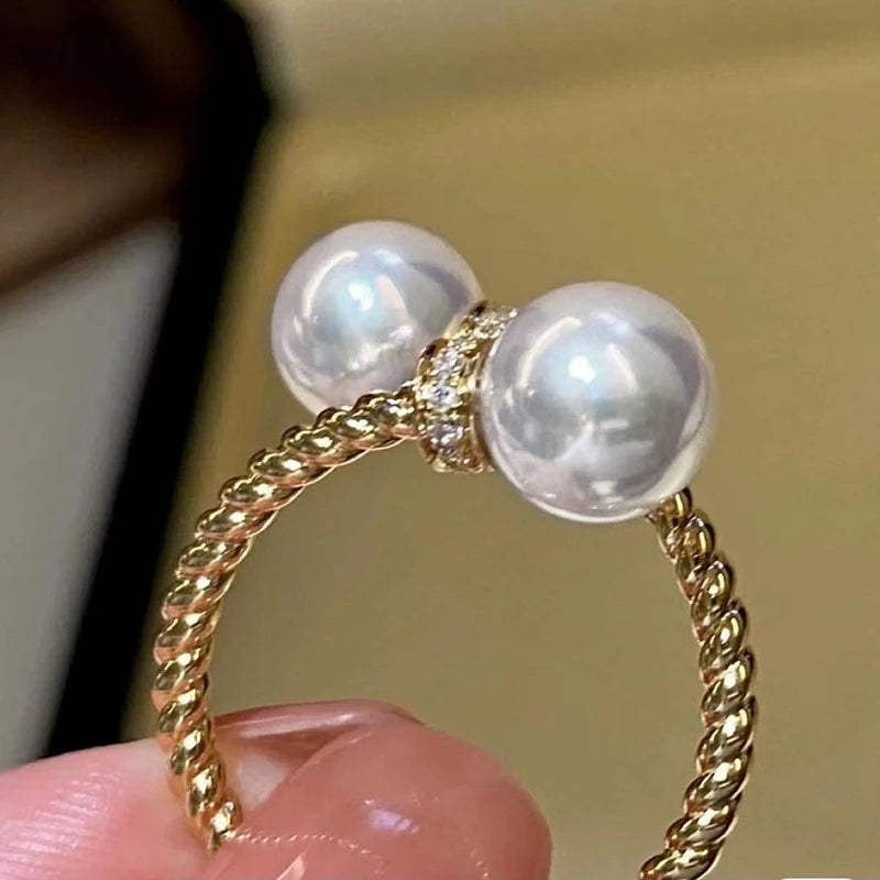 Temperament Double Imitation Pearl Open Ring Twist Gold Color Band New Fashion Women's Accessories Wedding Jewelry 2023