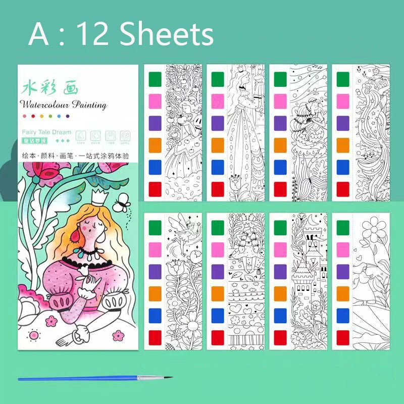 Portable Watercolor Painting Book 12 Sheets Coloring Book With Paint Brush Gouache Book Kids Graffiti Picture Drawing Toys