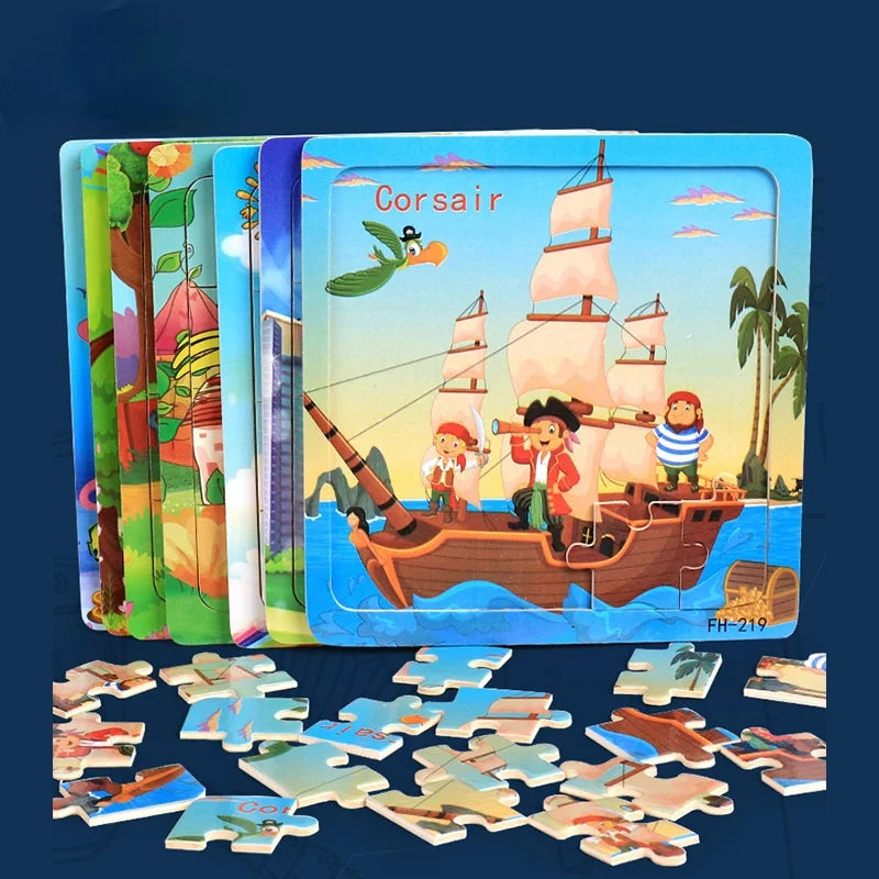 Baby Toys 20Piece Wooden Puzzle Cartoon Animal Vehicle 3D Jigsaw Puzzle Game Montessori Educational Toys For Children Gifts