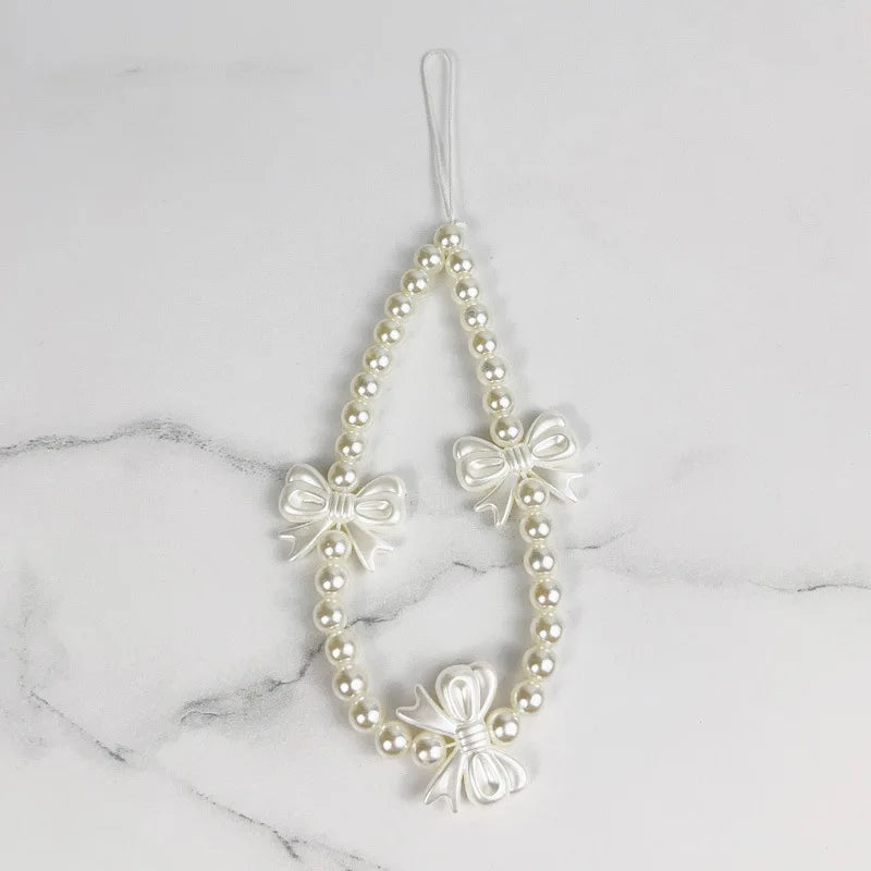 Korean Cute Charm Love Heart Bowknot Phone Chains For Women Telephone Jewelry Strap Beaded Lanyard Hanging Cord Accessories