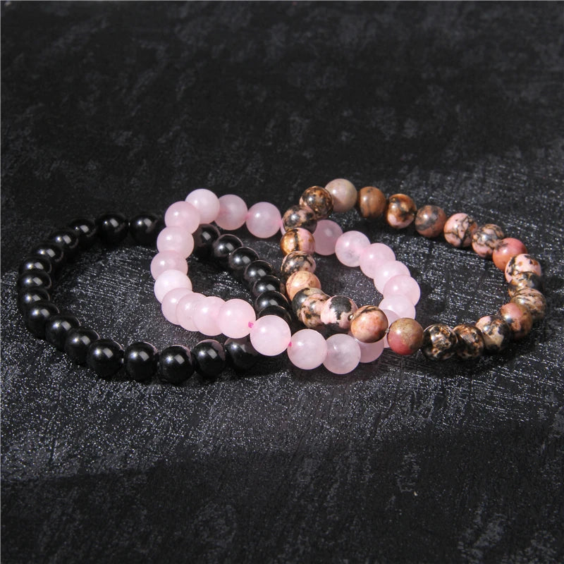 3Pcs Natural Stone Bracelet 8mm Rhodonite Rose Pink Quartzs Amethysts Hematite Bracelets For Women Men Jewelry