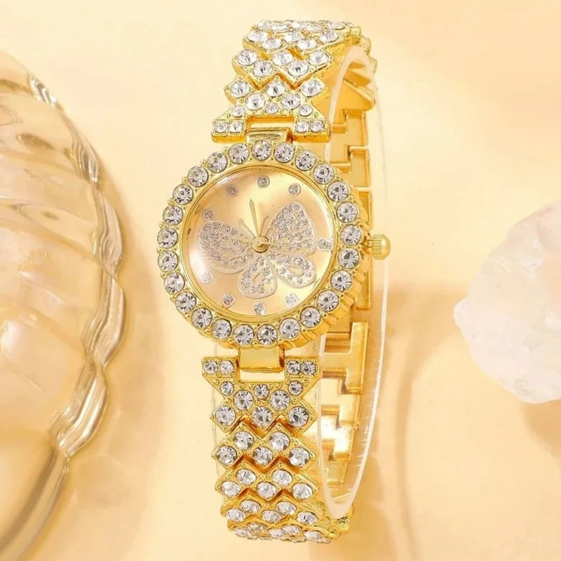 2pcs Butterfly Original Diamond Watch for Women Fashion Elegant Stainless Steel Quartz Wristwatch Luxury Ladies Dress Watches